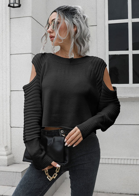 Cold-Shoulder Ribbed Trim Sweater